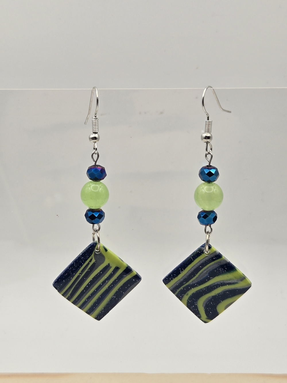 Handcrafted Green and Navy Swirl Dangle Earrings for Women